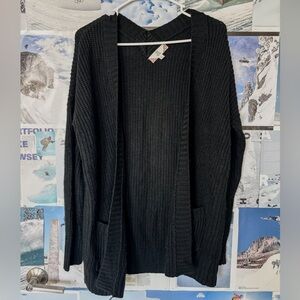 Pink Rose Black Open-Front Ribbed Cardigan